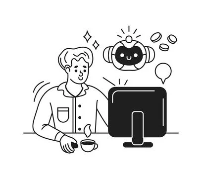 Person Interacting with Friendly Robot on Computer Stock Illustration