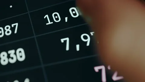 Person interacting with Market data grid showing stock ticker values across Video stock 333403407