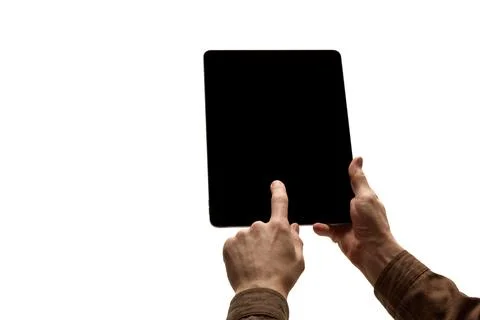 Person interacting with tablet with blank black screen isolated on white Stock Photos