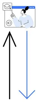 Person interacting with virtual learning platform highlighted by up and down  Illustrazione stock