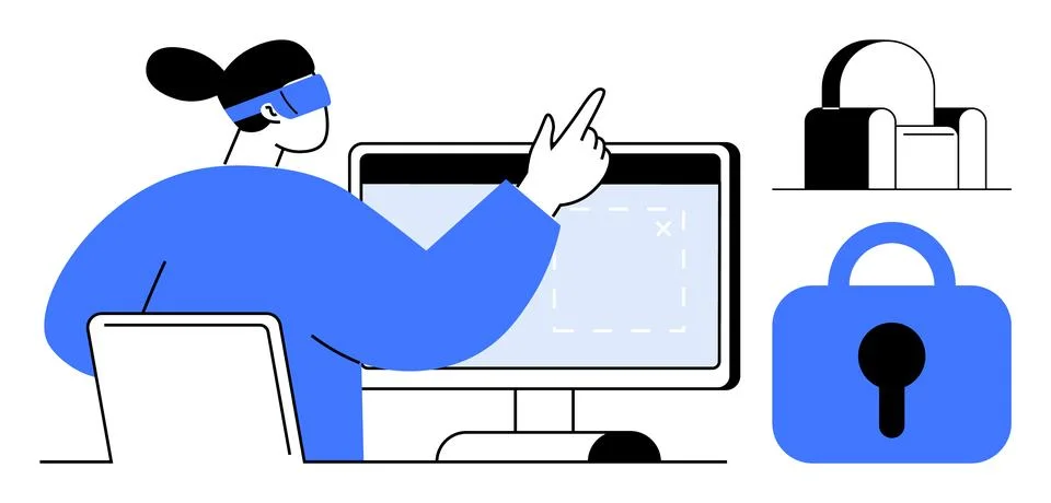 Person Interacting with Virtual Reality Device and Focus on Data Security Stock Illustration