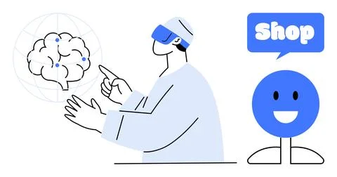 Person interacts with digital brain using VR headset. Smiling figure has spee 스톡 일러스트