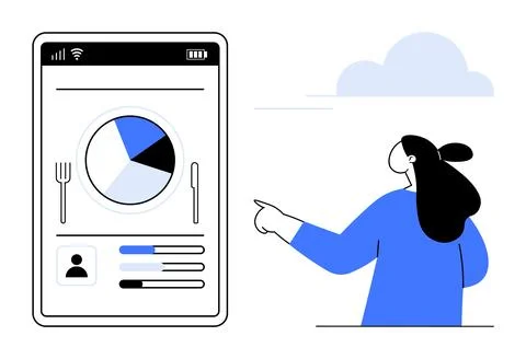 A person interacts with a large smartphone displaying a pie chart and activit Stock Illustration
