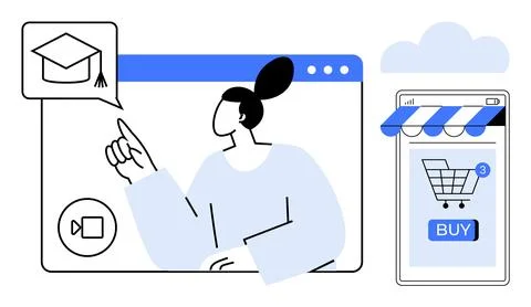 A person interacts with an online platform, showcasing elements like a gradua Stock Illustration