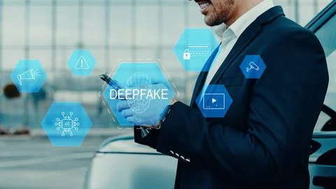 Person interacts with a smartphone while deep fake technology is shown on screen Stock Photos