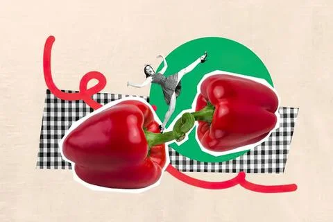 Person jumping between two large red bell peppers on checkered background Stock Photos