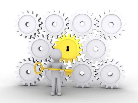 Person with key in front of cogwheels Illustrazione stock