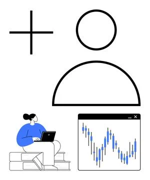 Person with Laptop Analyzing Financial Data on Computer Screen Next to User.. Stock-Illustration