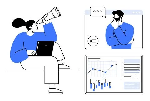 Person with laptop using a telescope, another person pondering during video c 库存插图
