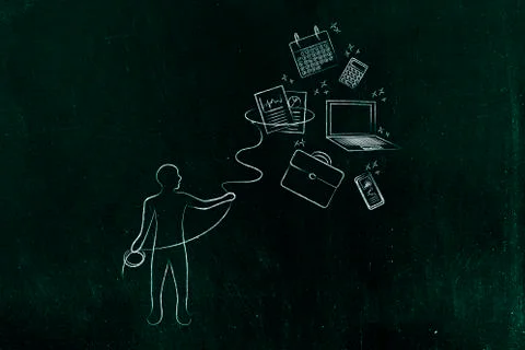 Person with lasso catching office objects, multitasking at work Stock Illustration