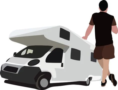 Person leaning on the windshield of the caravan while traveling Stock Illustration