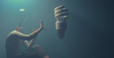 Person with a light bulb instead of his head rejecting a new light bulb model Stock Illustration
