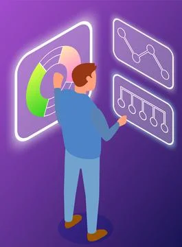 Person look at poster showing test model of electronic device. Men examine 스톡 일러스트