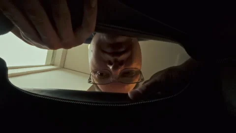 Person looking into a bag from a low angle in an indoor setting during dayli Stock Footage 323869562