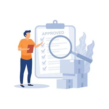 Person looking at boxes through magnifying glass and check list. Concept of p Illustrazione stock