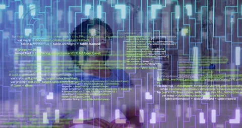 Person looking at digital code and data processing animation overlaid on screen Stock Footage 327450711