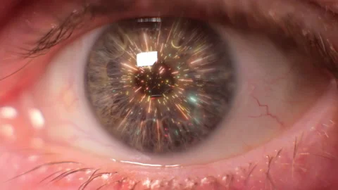 Person looking into the future concept, eye iris with hyper warp - 3d Stock Footage 162022301