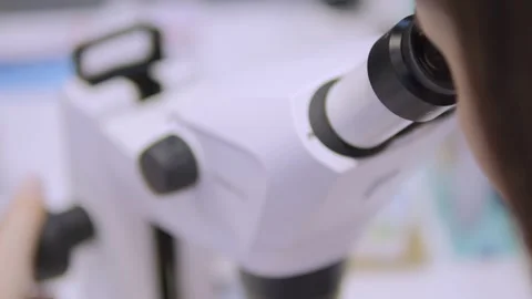 Person is looking through a microscope Stock Footage 299572164