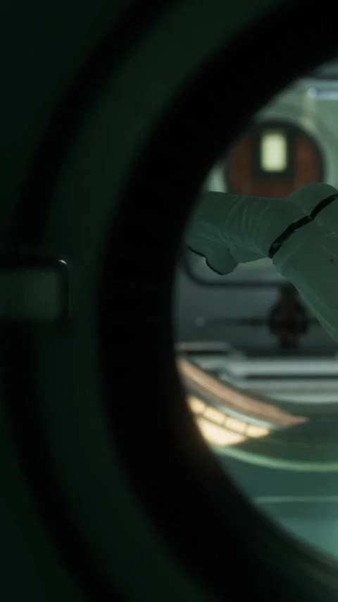 Person looks through a round window in a medical setting in a hospital Stock Footage 344962925