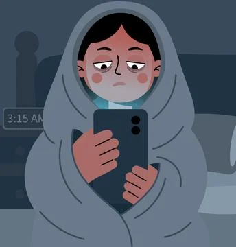 Person lying in bed at night, unable to sleep while scrolling on a smartphone Stock Illustration