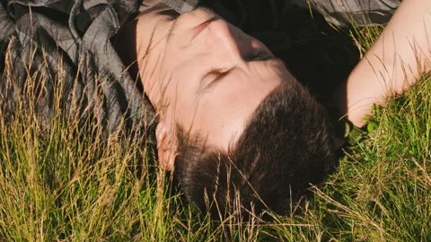 Person lying on grass in a field during a sunny day with a relaxed posture and f Stock Footage 343841520