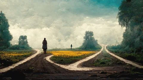 A person making choice at a fork in the road. Classic painting stylization Stock Illustration
