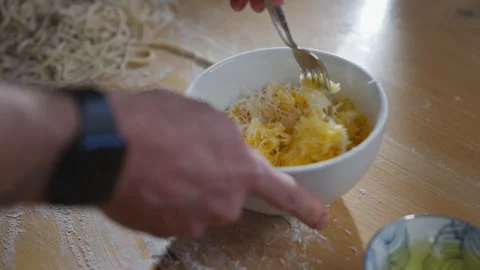 A person is making a dish with a spoon and a fork Stock Footage 306042830