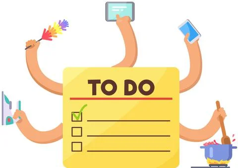 Person with many hands coping with multitasking. Business woman doing multiple Stock Illustration