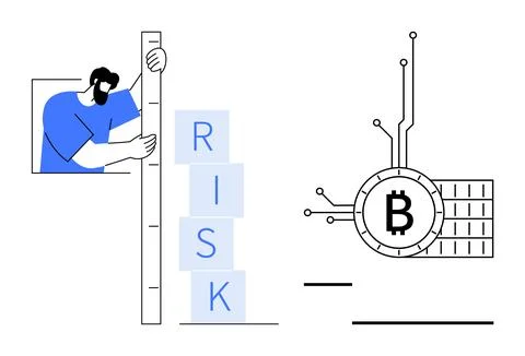Person measuring risk represented by blocks next to a Bitcoin symbol with con Illustration