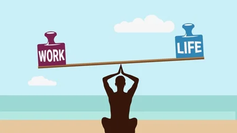 Person meditating on beach, balancing work and life weights on a scale Stockbeeldmateriaal 329156205