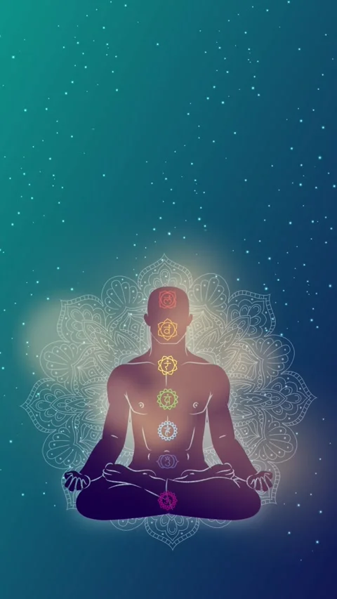 Person meditating while seated, activating chakras with colors animation Stock Footage 252246997