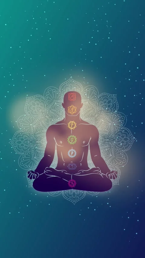 Person meditating while seated, activating chakras with colors animation Stock Footage 252247002