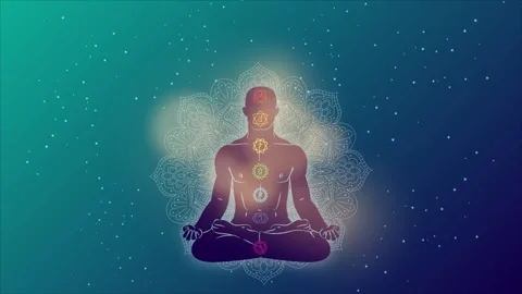 Person meditating while seated, activating chakras with colors animation Stock Footage 252247006