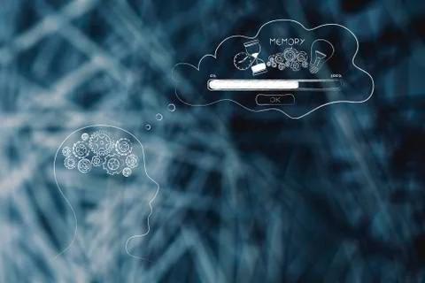 Person with mind made of gearwheels with comic bubble with Memory Loading ico 스톡 일러스트