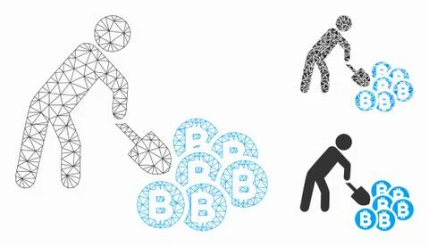 Person Mining Bitcoins Vector Mesh 2D Model and Triangle Mosaic Icon Stock Illustration