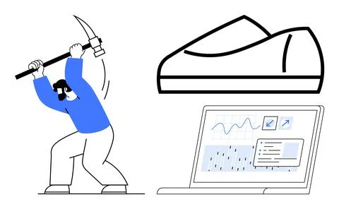 Person mining with pickaxe, graph chart growth on laptop screen, cryptocurren イラスト素材