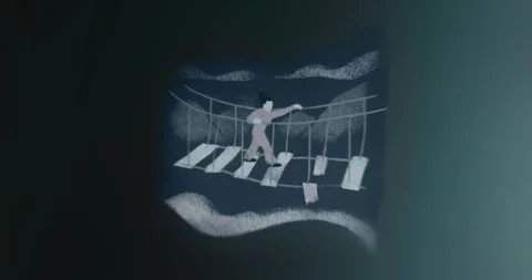 Person navigating a precarious rope bridge Vídeo Stock 314572709