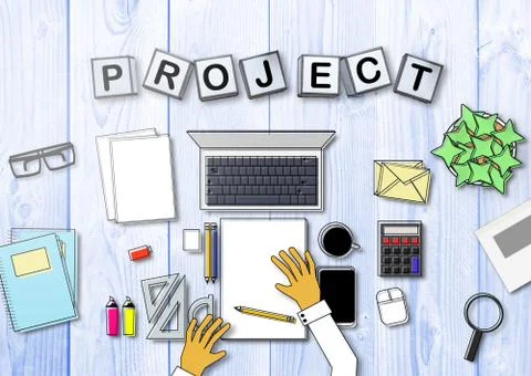 A person in a office in front of a desktop with a computer. Stock Illustration