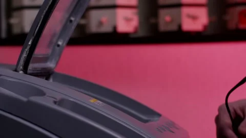 Person Opening Hinged Lid Of Grey Machine, Pink Studio Wall, Close Up Shot Video stock 341522497