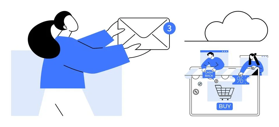 Person opens a mail envelope with three notifications, floating cloud symbol, Stock Illustration