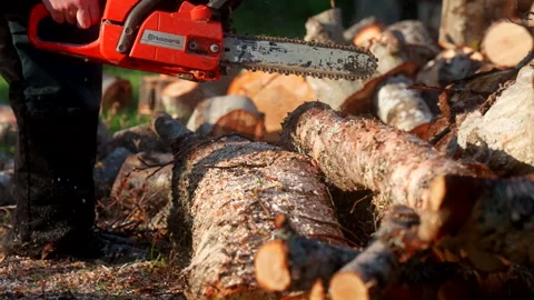 A Person Operates a Chainsaw to Cut a Log Outside in Tromsø, Norway - Close Up Stock Footage 327301800