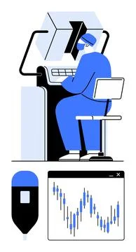 Person Operating Computer Station with Financial Data and Device Monitoring Stock Illustration