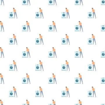 Person operating a washing machine as a seamless background pattern 스톡 일러스트