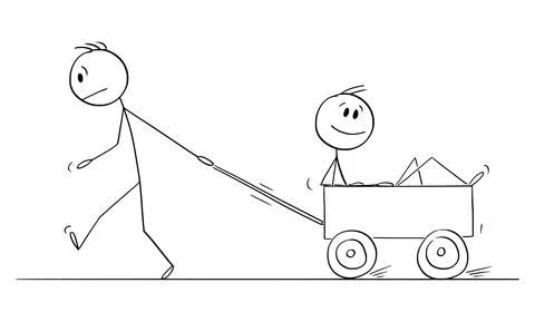 Person or Boy Pulling Another Man in Cart, Vector Cartoon Stick Figure Stock Illustration