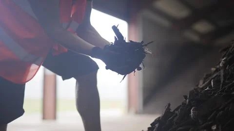 A person in an orange vest is digging through a pile of wood Stock Footage 297841487