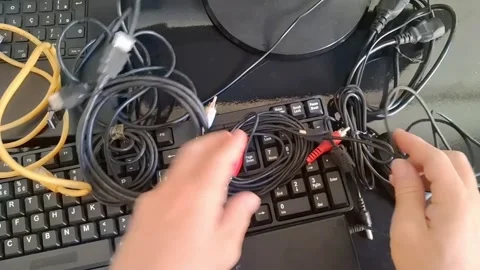 Person organizing tangled computer cables. IT technician managing messy Stock Footage 340241498