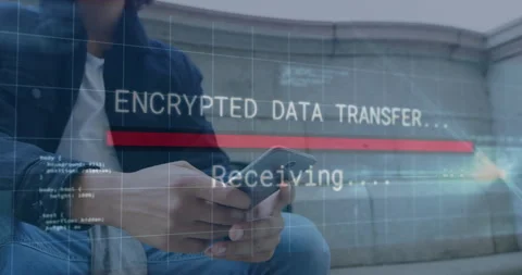 Person outdoors using smartphone with animated encrypted data transfer Stock Footage 304015616
