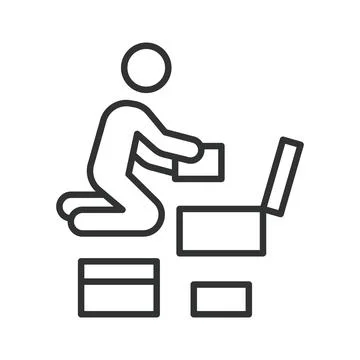 Person packing items into boxes, icon in line design. person packing boxes Stock Illustration