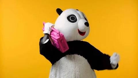 Person in panda bear costume dancing with boombox isolated on yellow Stock Footage 127995848