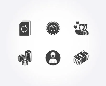 Person, Parcel tracking and Update document icons. Coins, Couple and Usd Stock Illustration